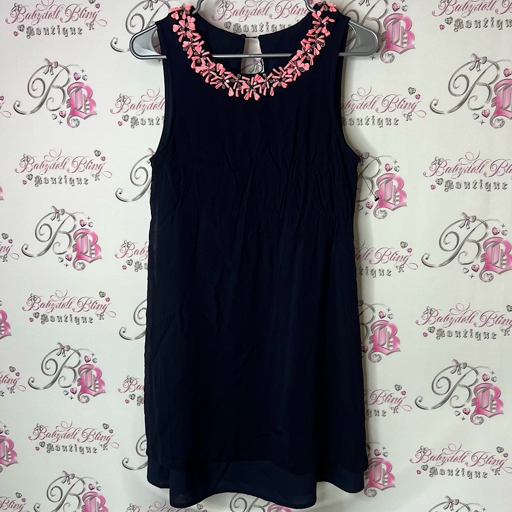 French Connection floral neckline detail navy Black Dress with Pink Accents
